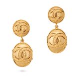 CHANEL, A PAIR OF VINTAGE CC DROP CLIP EARRINGS in 24ct gold plated metal, accented by 'CC' logos...