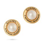 NO RESERVE - CHANEL, A PAIR OF VINTAGE FAUX PEARL CLIP EARRINGS in 24ct gold plated metal, each s...