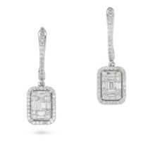 A PAIR OF DIAMOND DROP EARRINGS in 18ct white gold, each comprising a hoop set with a row of roun...