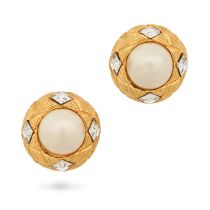 CHANEL, A PAIR OF VINTAGE PEARL AND CRYSTAL CLIP EARRINGS in 24ct gold plated metal, each set wit...