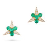 A PAIR OF EMERALD AND DIAMOND EARRINGS in 18ct yellow gold, each set with four round cut emeralds...