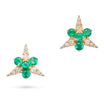 A PAIR OF EMERALD AND DIAMOND EARRINGS in 18ct yellow gold, each set with four round cut emeralds...