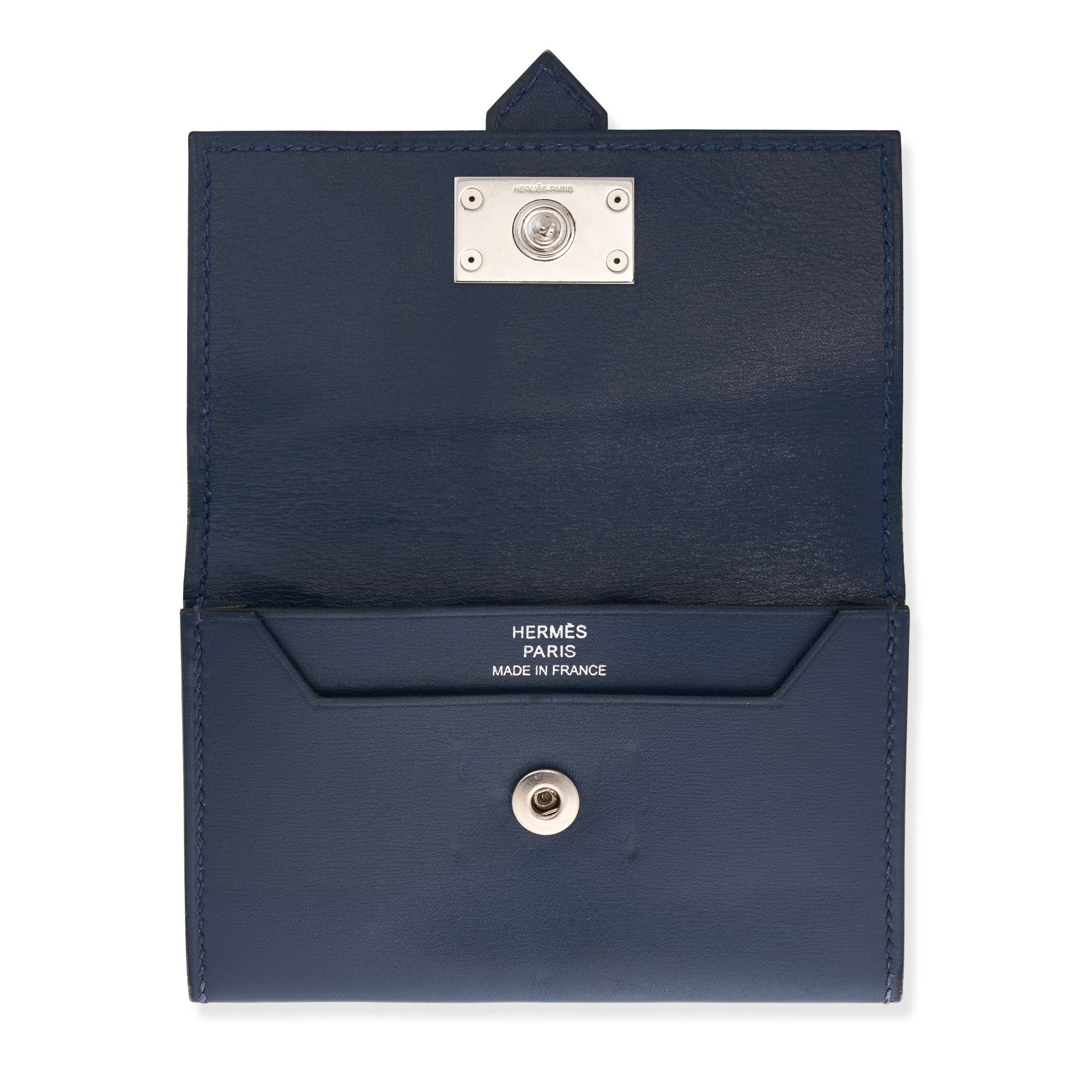 HERMES NAVY BLUE MINI H WALLET Condition grade B-. 10cm long, 7cm high. Navy blue toned leather... - Image 2 of 2