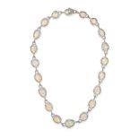 AN OPAL AND DIAMOND NECKLACE comprising a row of twenty rose cut opals in borders of round brilli...