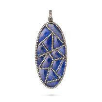 NO RESERVE - A LAPIS LAZULI AND DIAMOND PENDANT the oval pendant set with sections of lapis lazul...