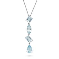 AN AQUAMARINE NECKLACE in 18ct white gold, the pendant set with a row of octagonal step, marquise...