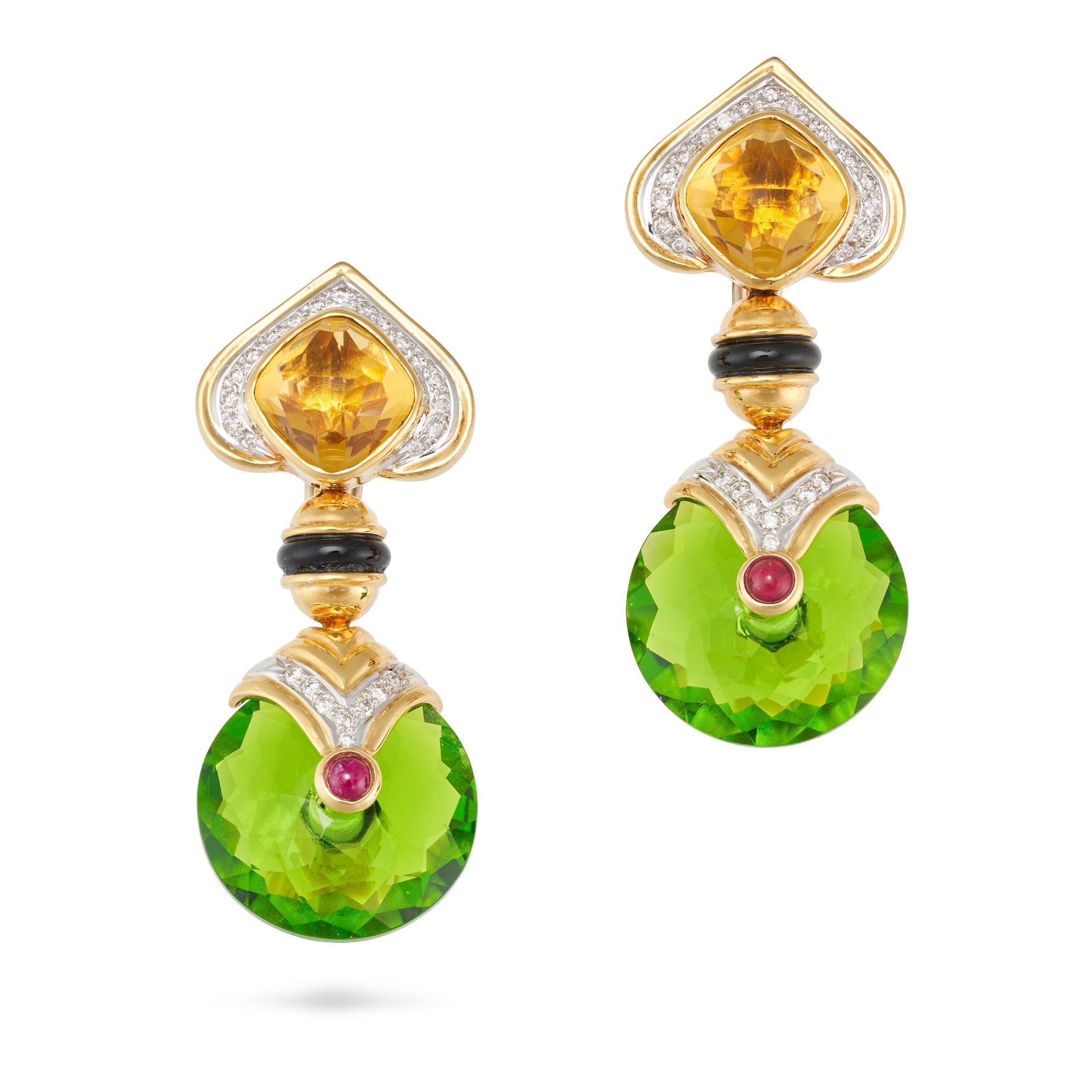 A PAIR OF DIAMOND, RUBY, ONYX AND GLASS DROP EARRINGS in 18ct yellow gold, each set with a fancy ...