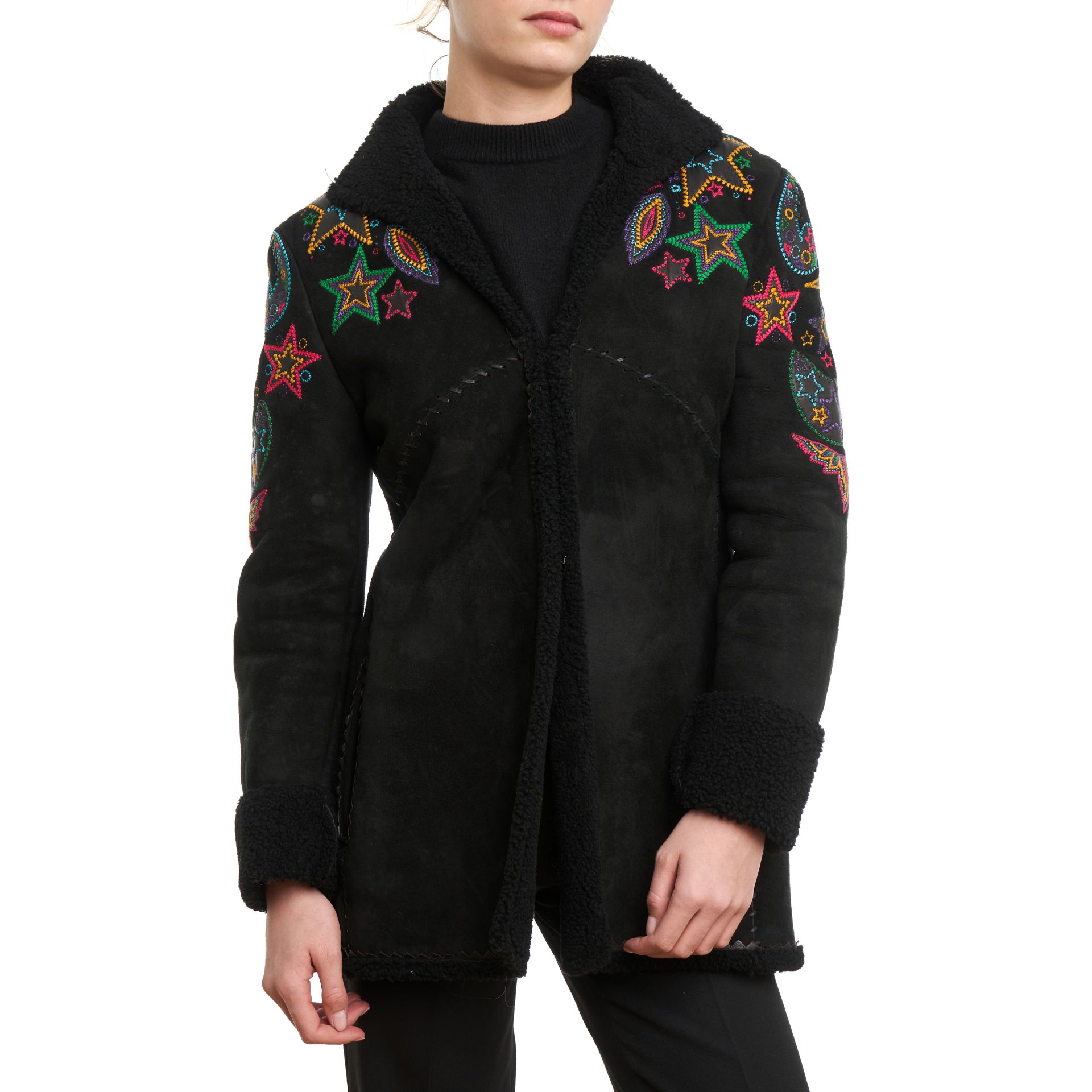 GIANNI VERSACE EMBROIDERED SHEARLING AFGHAN COAT Condition grade B-. 80cm chest, 80cm length. B...