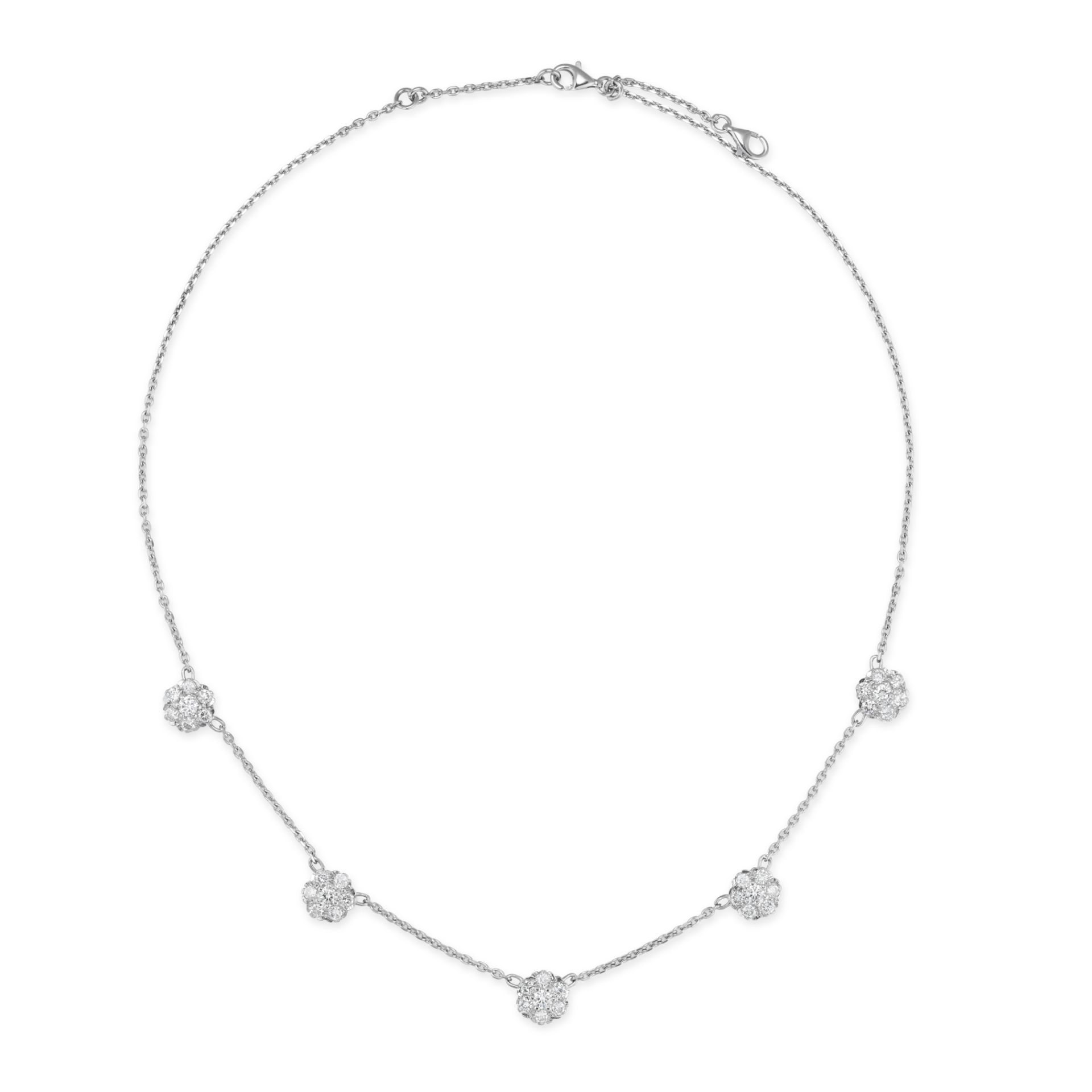 A DIAMOND CLUSTER NECKLACE in 18ct white gold, comprising a trace chain set with five clusters of...