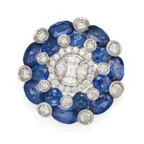 A SAPPHIRE AND DIAMOND DRESS RING in white gold, set with a cluster of marquise and step cut diam...