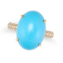 A TURQUOISE AND DIAMOND RING in 18ct yellow gold, set with a cabochon turquoise, the shoulders pa...