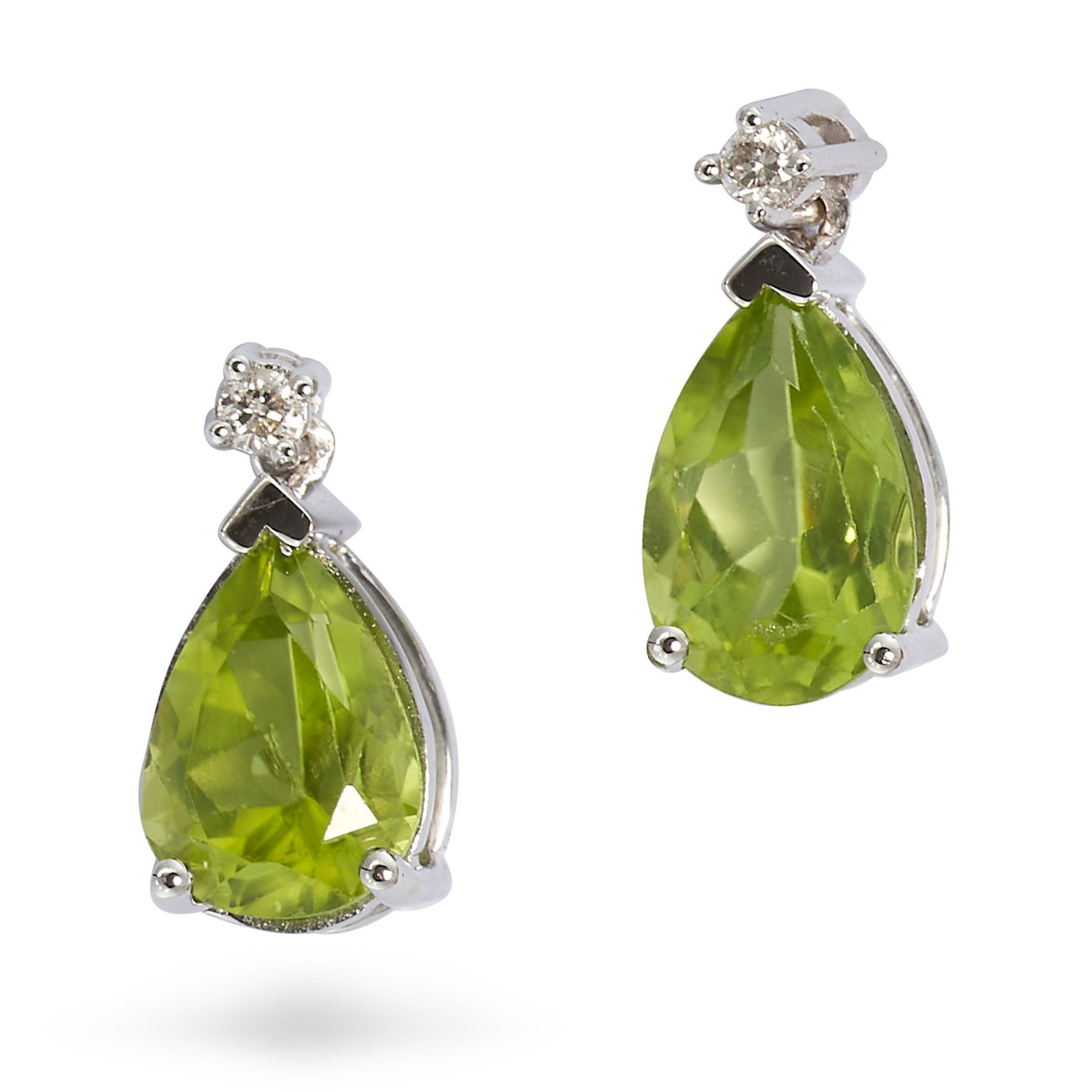 A PAIR OF PERIDOT AND DIAMOND DROP EARRINGS in 18ct white gold, each set with a round cut diamond...