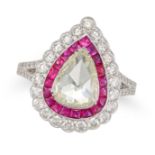 A DIAMOND AND RUBY TARGET RING in 18ct white gold, set with a rose cut diamond in a concentric bo...