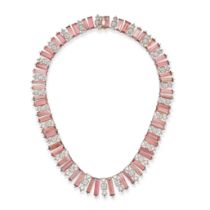 A PINK TOURMALINE AND DIAMOND NECKLACE comprising pairs of elongated octagonal step cut pink tour...
