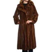 BROWN LONGLINE MINK FUR COAT Condition grade B. 80cm chest, 115cm length. Brown toned longline ...