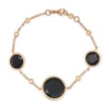 AN ONYX AND DIAMOND BRACELET in 18ct yellow gold, comprising three round cut onyx accented by rou...