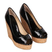 JIMMY CHOO PEEP-TOE CORK WEDGES Condition grade B.  Size 35. Heel height 11cm. Black patent lea...