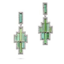 A PAIR OF GREEN TOURMALINE AND DIAMOND DROP EARRINGS each in a geometric design, set throughout w...