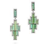 A PAIR OF GREEN TOURMALINE AND DIAMOND DROP EARRINGS each in a geometric design, set throughout w...