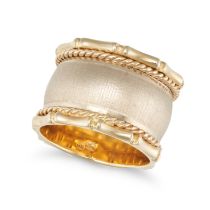 A STYLISED BAND RING in 14ct yellow gold, the band with rope and bamboo motifs, stamped 14K, make...