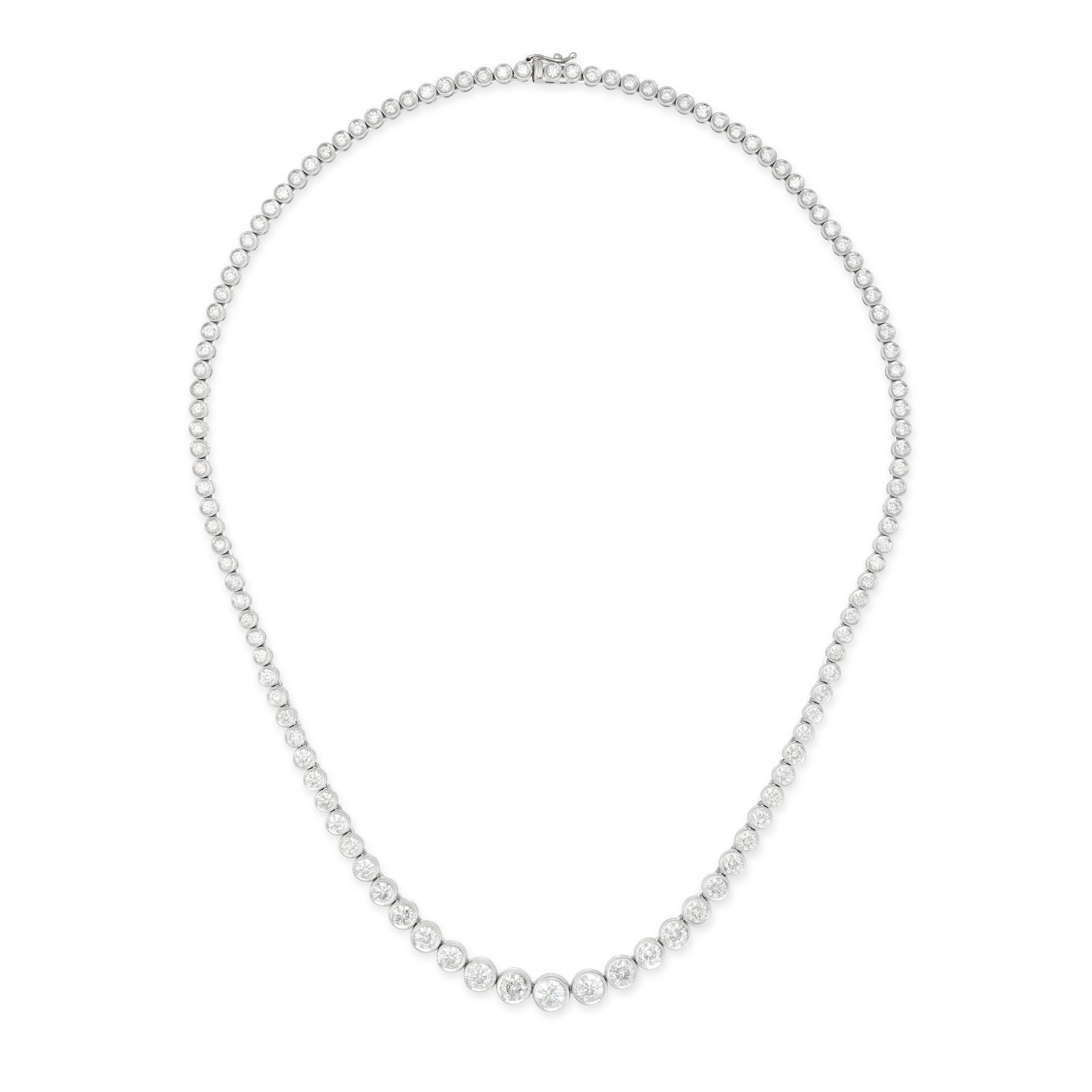 A DIAMOND RIVIERE NECKLACE in 18ct white gold, comprising a row of graduating bezel set round bri...