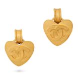 CHANEL, A PAIR OF VINTAGE CC LOGO HEART CLIP EARRINGS in 24ct gold plated metal, heart shaped ear...