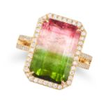 A WATERMELON TOURMALINE AND DIAMOND DRESS RING in 18ct yellow gold, set with an octagonal step cu...