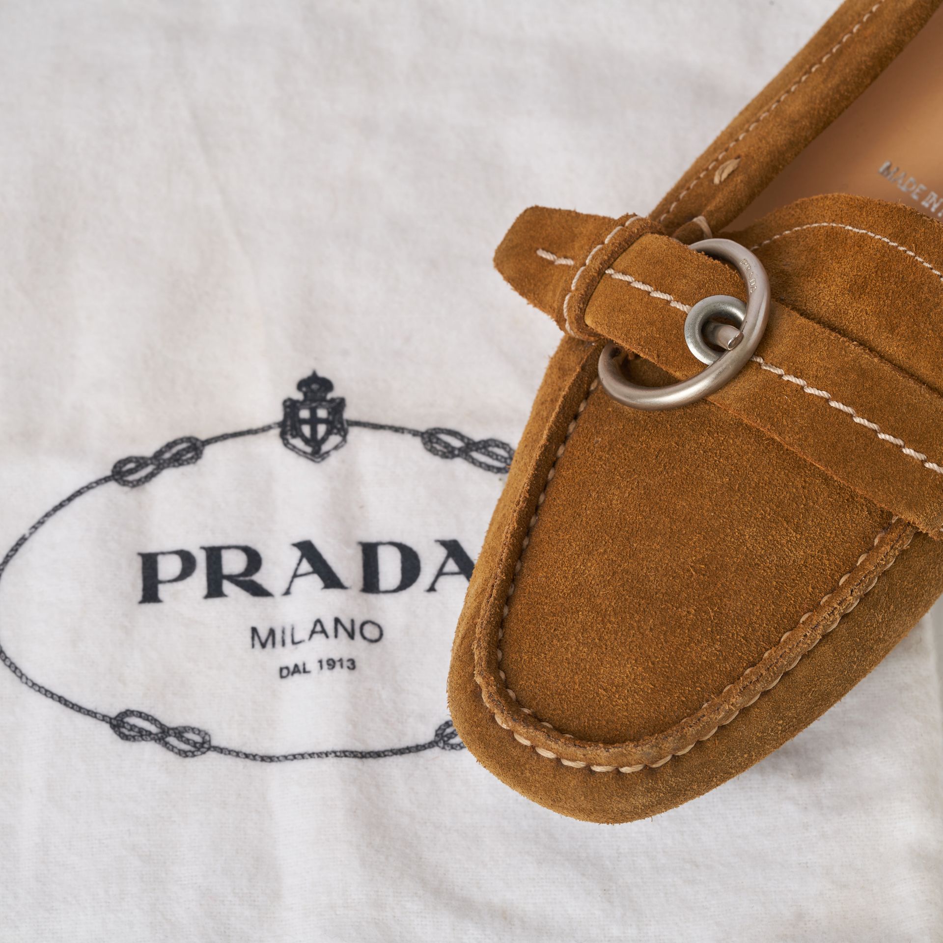 PRADA TAN SUEDE BUCKLED LOAFERS Condition grade C+. Size 35.5. Brown toned suede loafers with b... - Bild 3 aus 3