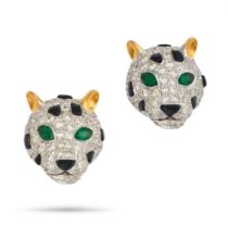 A PAIR OF SAPPHIRE, EMERALD, ONYX AND DIAMOND PANTHER EARRINGS in 14ct white gold, each designed ...