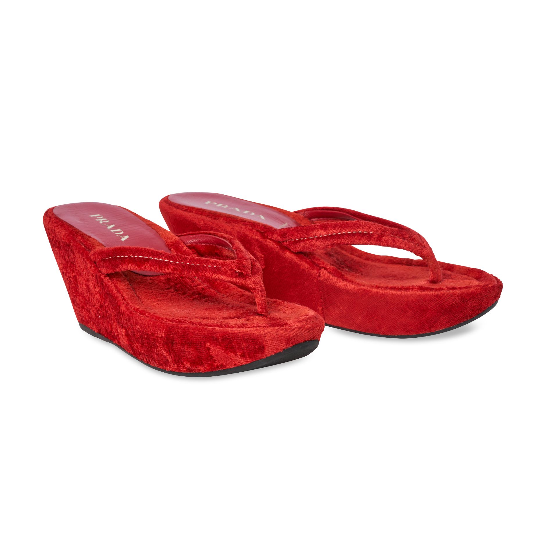 PRADA RED TOWELLED WEDGE HEELS Condition grade A, unworn. Size 36.5. Heel height 8cm. Red toned...