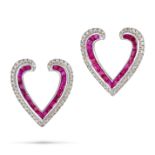 A PAIR OF RUBY AND DIAMOND HEART EARRINGS in white gold, each designed as an openwork heart set w...