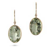 A PAIR OF PRASIOLITE DROP EARRINGS in 14ct yellow gold, each suspending an oval cut prasiolite dr...