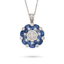A SAPPHIRE AND DIAMOND PENDANT NECKLACE in white gold, the pendant set with a cluster of marquise...