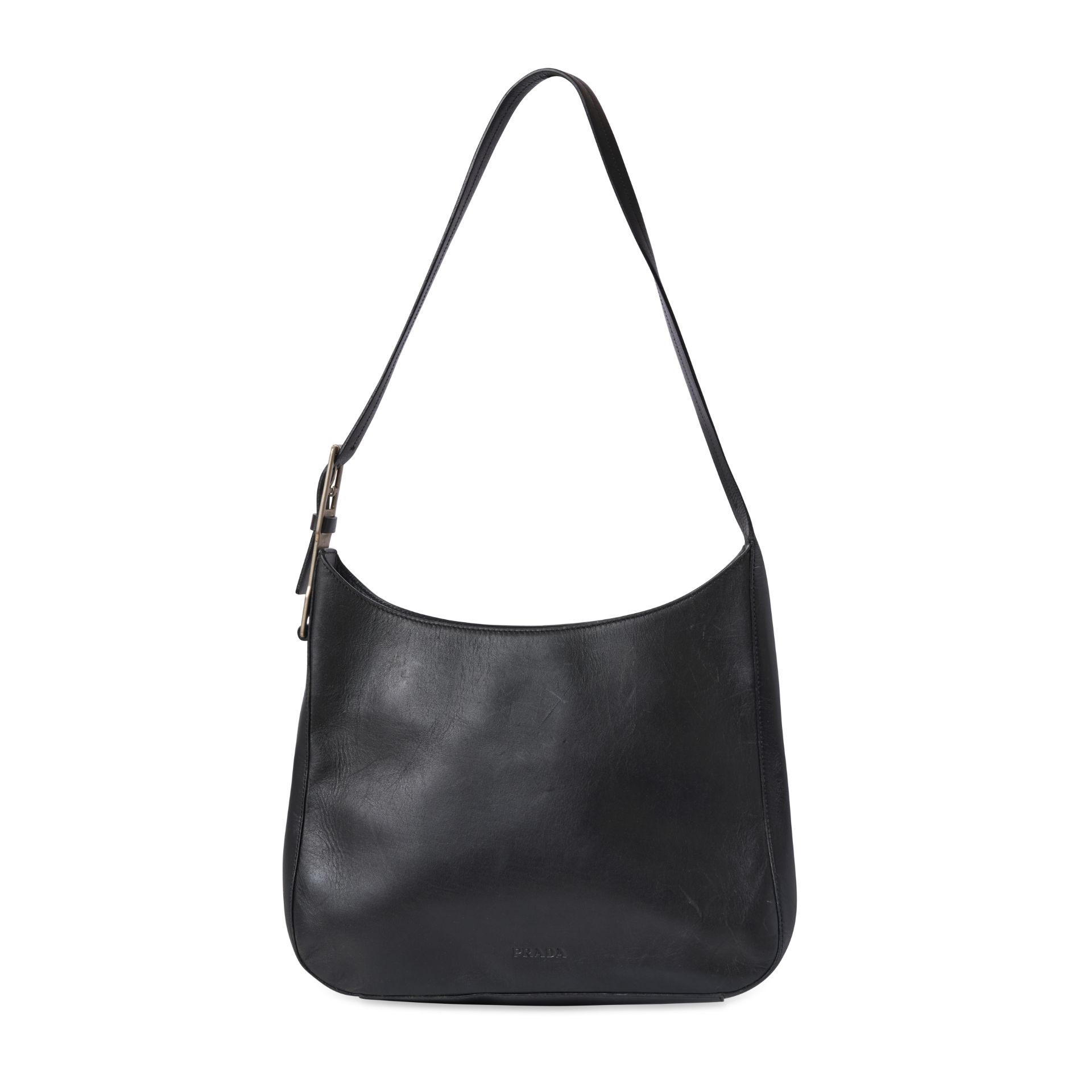 PRADA BLACK BUCKLE SHOULDER BAG Condition grade C-. 30cm long, 26cm high. 34cm strap drop. Blac...