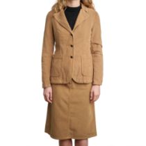 PRADA CAMEL CURDUROY SKIRT SET Condition grade B. Jacket size Italian 40, skirt size 26. Jacket...