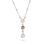 CARTIER, A PEARL AND DIAMOND PENDANT NECKLACE in 18ct white gold, comprising a trace chain set wi...