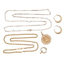 A GROUP LOT OF GOLD JEWELLERY in 9ct yellow gold, comprising of two necklaces, one broken, two pe...