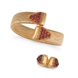 A GARNET AND GOLD BANGLE AND RING SUITE  in 18ct gold, the gas pipe bangle set with cabochon garn...