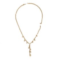 A GOLD CHAIN BEAD NECKLACE in 14ct yellow gold, a hoop linked chain necklace suspending various g...