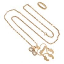 A RING AND PENDANT NECKLACE in 14ct yellow gold, the necklace suspending two charms, one infinity...