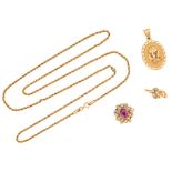 A MIXED LOT OF GOLD JEWELLERY in yellow gold, comprising a necklace, a ruby and diamond cluster r...