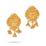 A PAIR OF INDIAN GOLD EARRINGS in 22ct yellow gold, stylised Indian design face each suspending t...