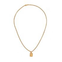 A GOLD CHAIN AND PENDANT in 22ct yellow gold, foxtail link necklace with a pendant bearing the in...