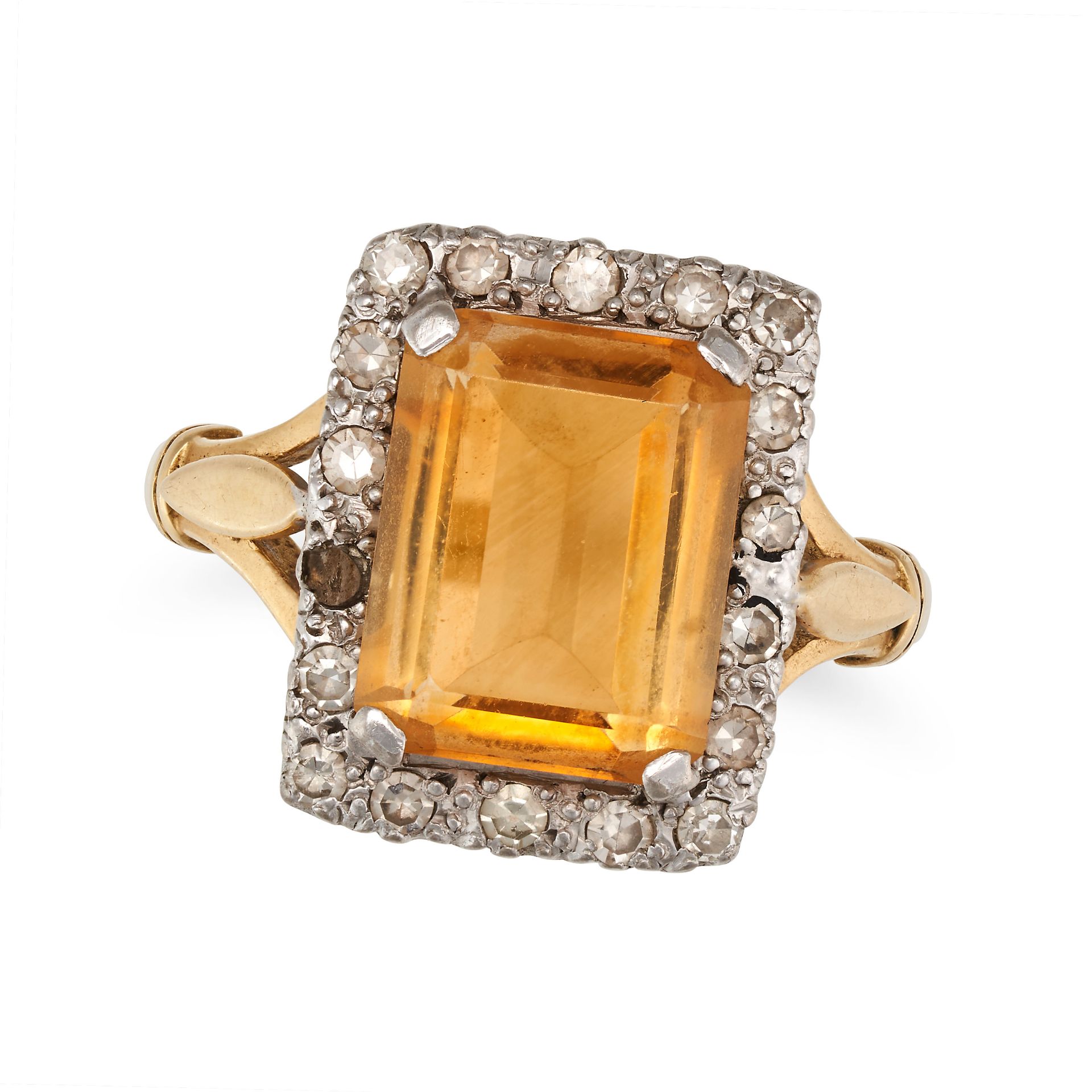 A CITRINE AND DIAMOND CLUSTER RING in 18ct yellow gold, set with an emerald cut citrine in a bord...