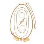 A MIXED LOT OF GOLD JEWELLERY in high carat yellow gold, comprising three chain necklaces each st...
