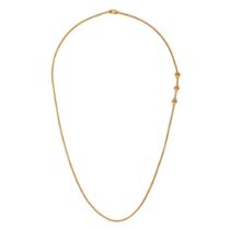 A GOLD CHAIN NECKLACE WITH THREE BEADS in 22ct yellow gold, clasp stamped 916, approx 64cm, 16.2g.
