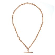 AN ANTIQUE GUARD CHAIN T-BAR NECKLACE in 9ct rose gold, partial British hallmarks, 48.8cm, 40.2g.