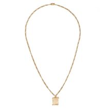 A PENDANT AND CHAIN NECKLACE in 18ct yellow gold, a curb link necklace suspending a scrolling pen...