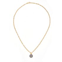A CHAIN AND PENDANT NECKLACE in yellow gold, pendant with circles of blue and white gemstones, ch...