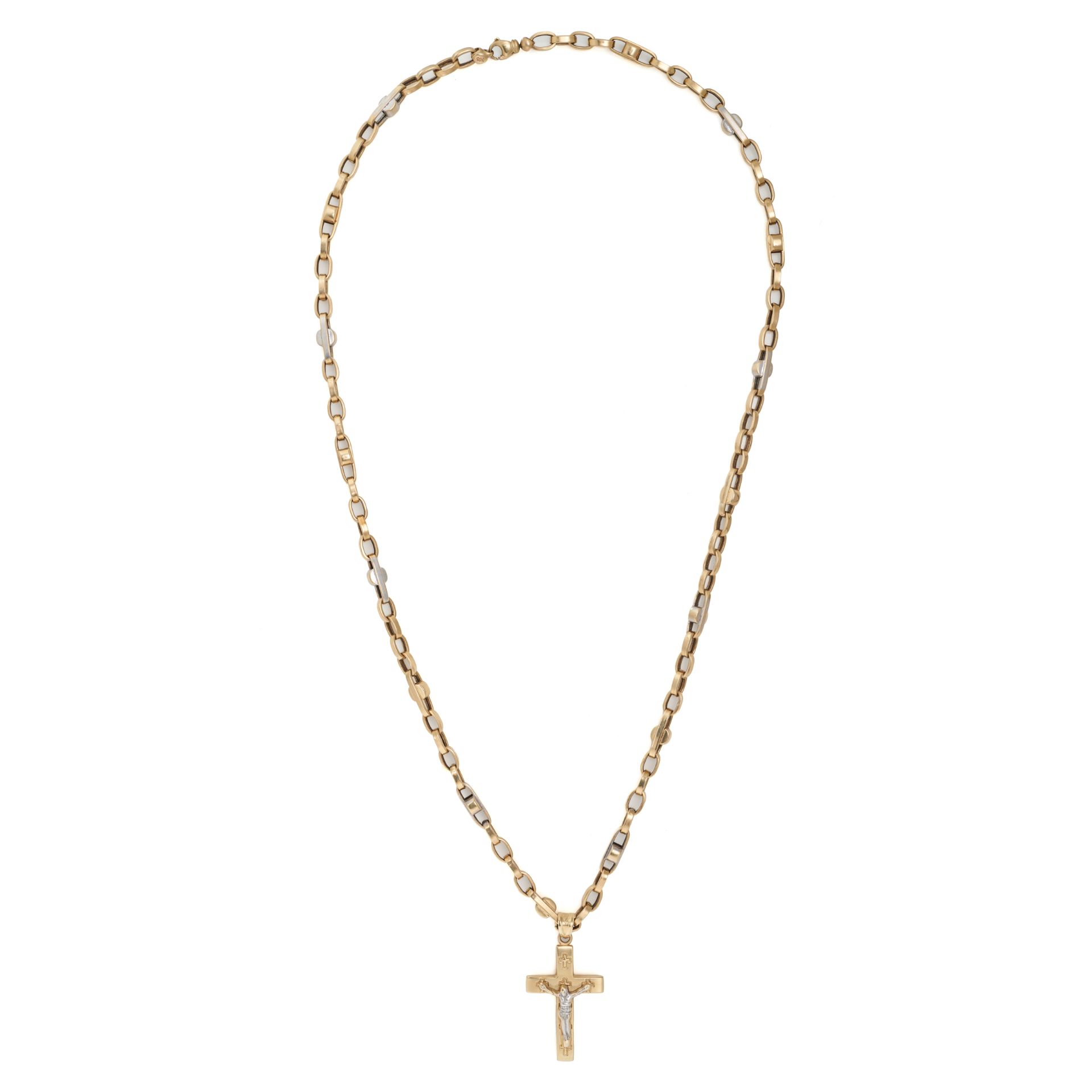 A GOLD CHAIN WITH CROSS PENDANT in 14ct gold, suspending a crucifix, clasp stamped 585, bail stam...